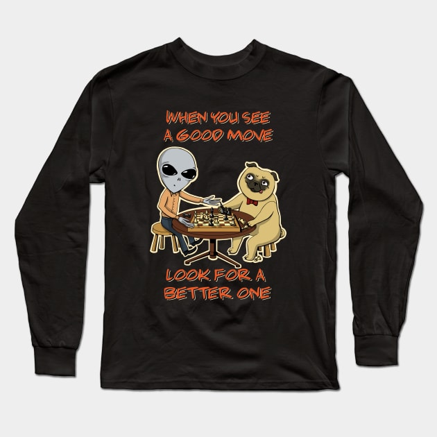 Grey Alien Vs Pug in Solar System Chess Championship Long Sleeve T-Shirt by MagicEyeOnly